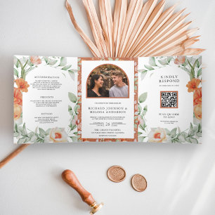 Boho Arch Earthy Floral QR Code Wedding Tri-Fold Invitation
