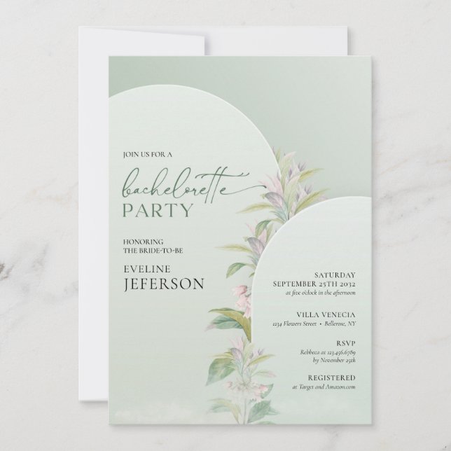 Boho arch eucalyptus greenery blush flowers rustic invitation (Front)