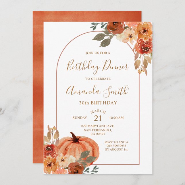 Boho Arch Fall Birthday 30th Dinner Party Invitation (Front/Back)