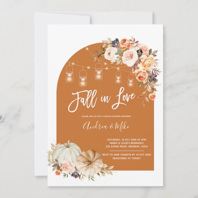 Boho Arch Fall in Love Couple Shower Invitation (Front)