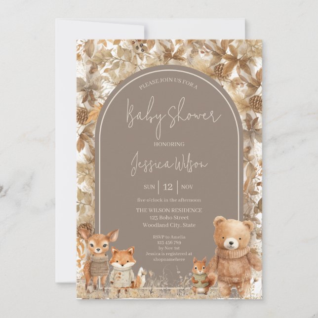 Boho Arch Fall  Woodland Animals Baby Shower Invitation (Front)