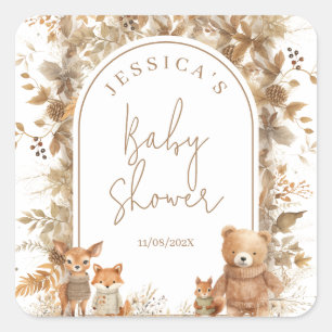 Boho Arch Fall  Woodland Animals Baby Shower Square Sticker