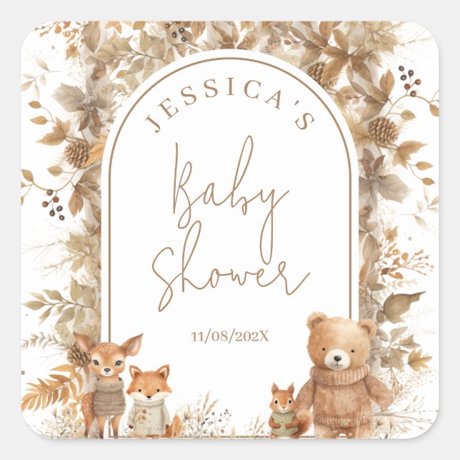 Boho Arch Fall  Woodland Animals Baby Shower Square Sticker (Front)