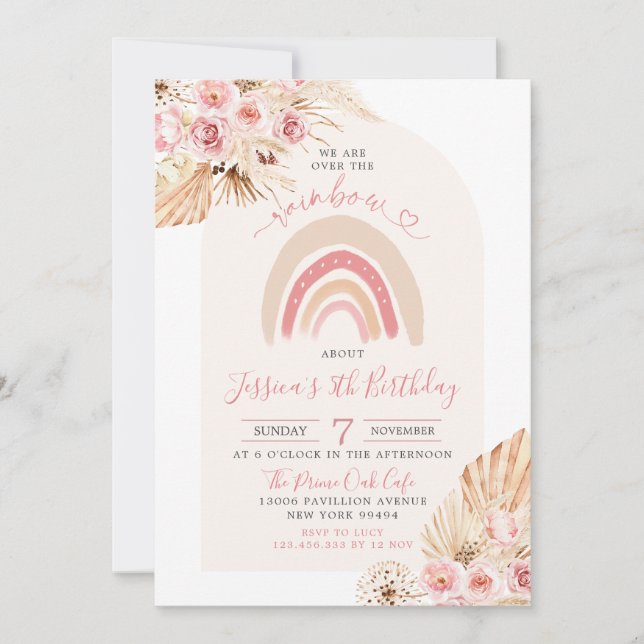Boho Arch Floral We Are Over The Rainbow Birthday Invitation (Front)