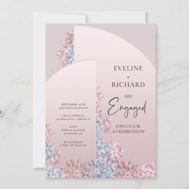 Boho arch frame dusty pink dusty blue engagement invitation (Front)