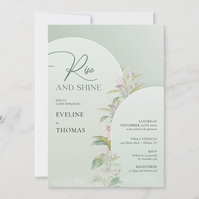 Boho arch greenery blush floral Rise and shine Invitation (Front)