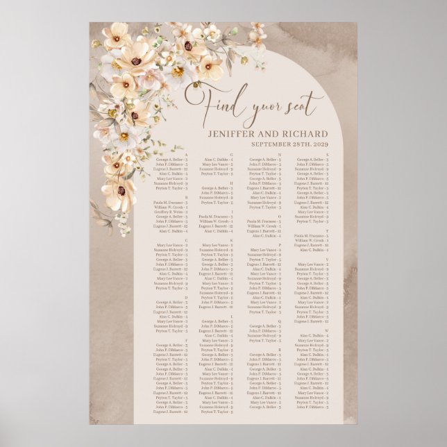 Boho arch ivory wildflowers Alphabetical Seating Poster (Front)