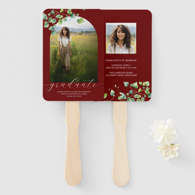 Boho Arch Ivy, Deep Red Graduation  Hand Fan (Front and Back)
