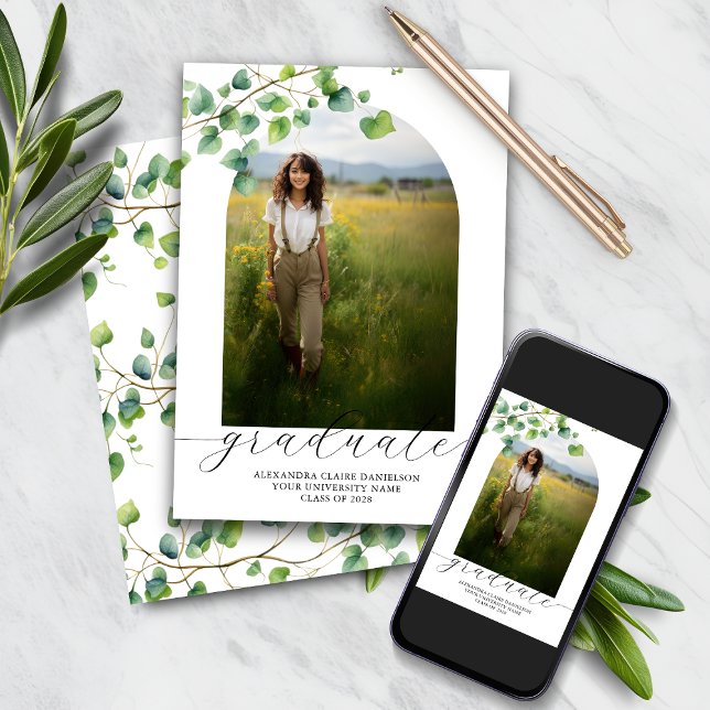 Boho Arch Ivy, White Graduation Announcement (Creator Uploaded)
