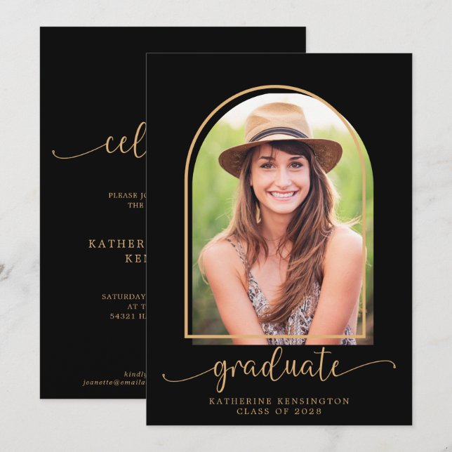 Boho Arch Minimalist Black Gold Photo Graduation Invitation (Front/Back)