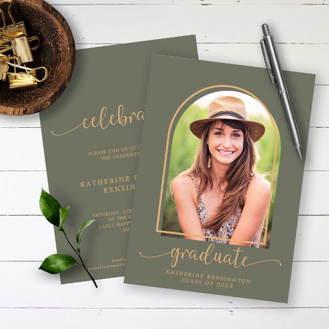 Boho Arch Minimalist Green Gold Photo Graduation Invitation (Creator Uploaded)