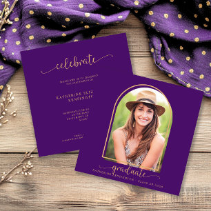 Boho Arch Minimalist Purple Gold Photo Graduation Invitation