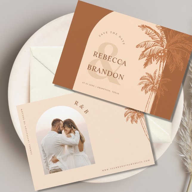 Boho Arch Palm Tree Beach Photo Terracotta Wedding Save The Date (Creator Uploaded)
