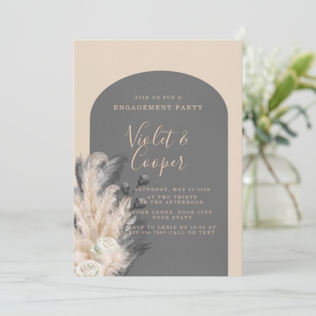 Boho Arch Pampas Grass Floral Engagement Party Invitation (Standing Front)