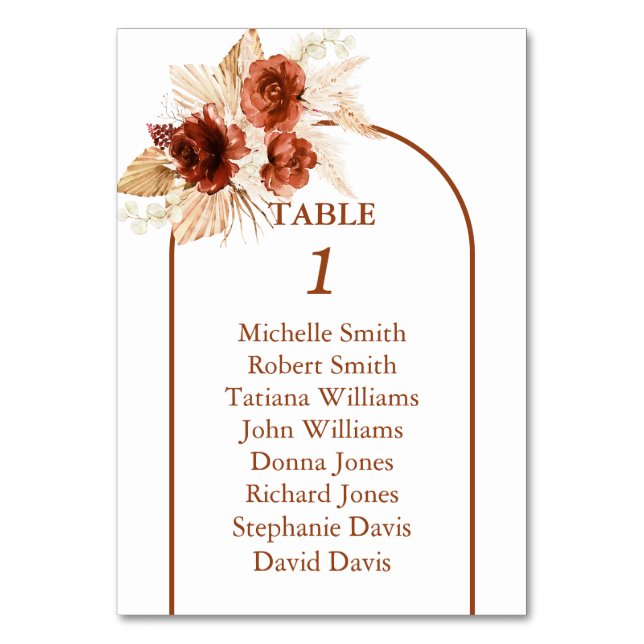 Boho Arch Pampas Grass Floral Terracotta Wedding Table Number (Back)