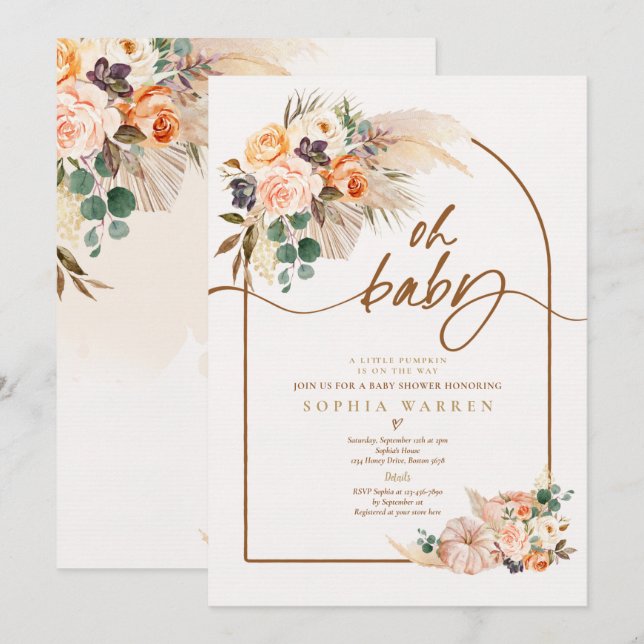 Boho Arch Pampas Grass Pumpkin Baby Shower  Invitation (Front/Back)