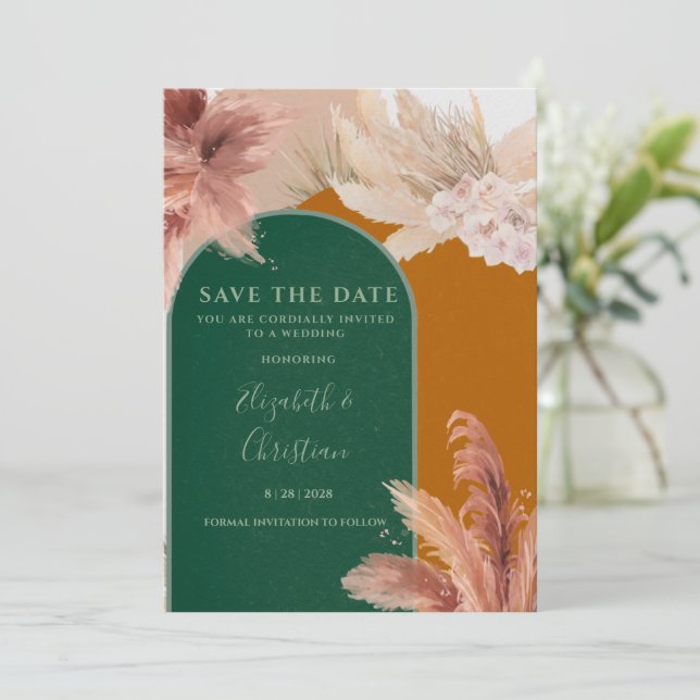 Boho Arch Pampas Grass Save The Date Invitation (Standing Front)