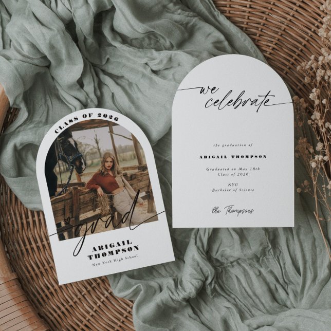 Boho Arch Photo Modern Script Graduation Invitation (Creator Uploaded)