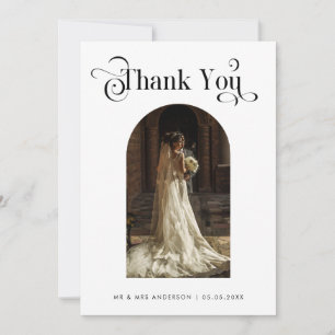 Boho Arch Photo & Retro Vintage Script Wedding Thank You Card