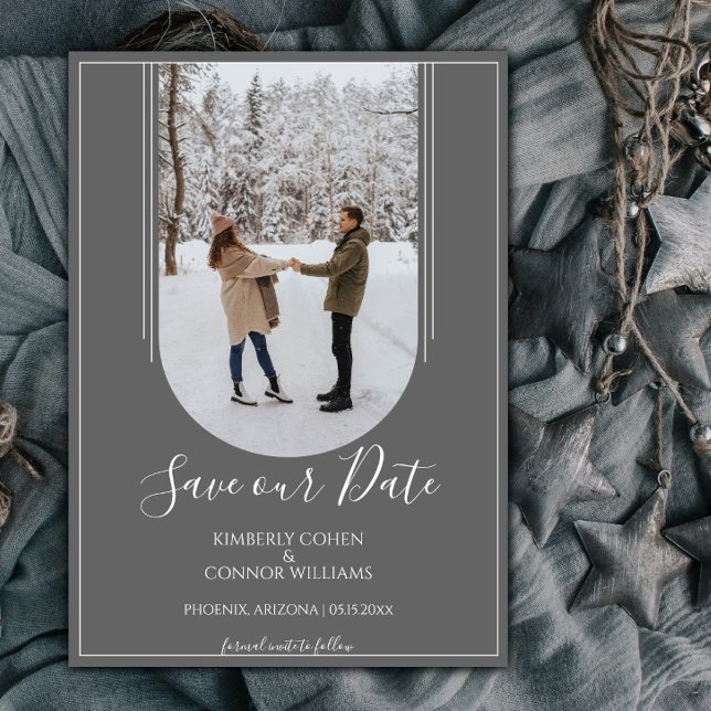 Boho Arch Photo Save the Date | Grey (Gray Arch Photo Save the Date)