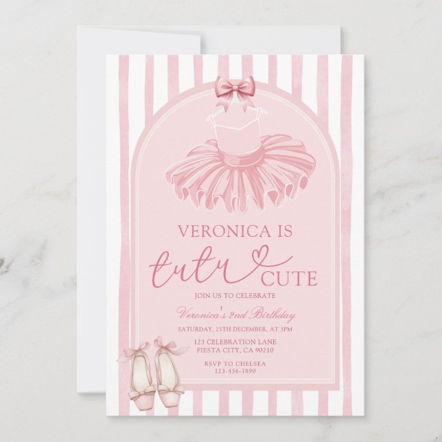 Boho Arch Pink Bow Tutu Cute Ballerina Birthday Invitation (Front)