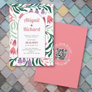 Boho arch retro branches, flowers QR code wedding Invitation