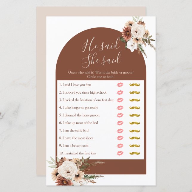 Boho Arch Terracota He said She said Games Card (Front/Back)