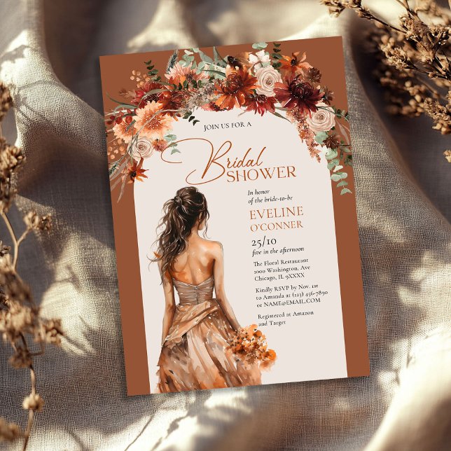 Boho arch terracotta fall floral wedding gown  invitation (Boho arch terracotta fall floral wedding gown invitation)