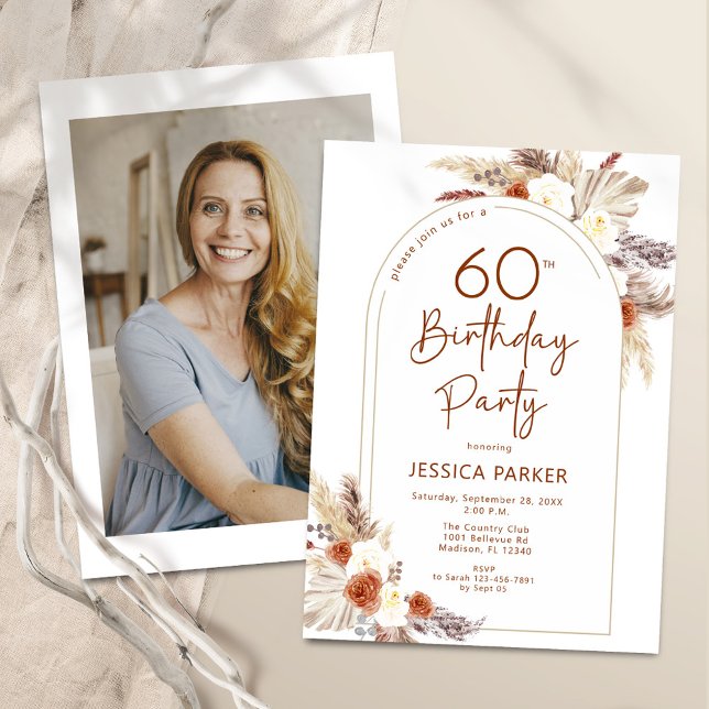 Boho Arch Terracotta Photo 60th Birthday Invitation (Creator Uploaded)