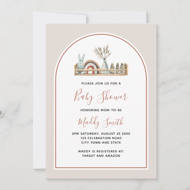 Boho Arch Toys Terracotta Rainbow Baby Shower Invitation (Front)