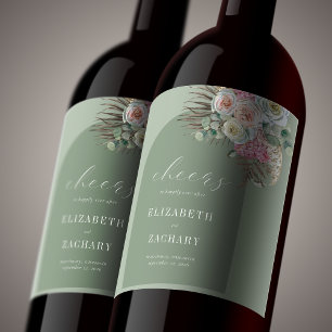 Boho Arch Tropical Floral Sage Green Wedding Wine Label