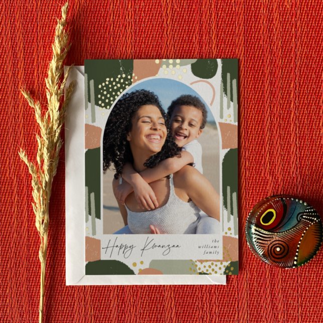 Boho Arch | Vertical Photo Kwanzaa Foil Holiday Card (Creator Uploaded)