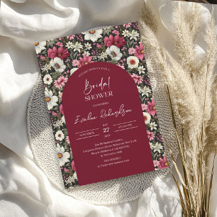 Boho arch watercolor burgundy & blush wildflowers invitation