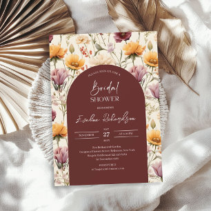 Boho arch watercolor burgundy yellow wildflowers invitation