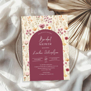 Boho arch watercolor deep purple yellow wildflower invitation