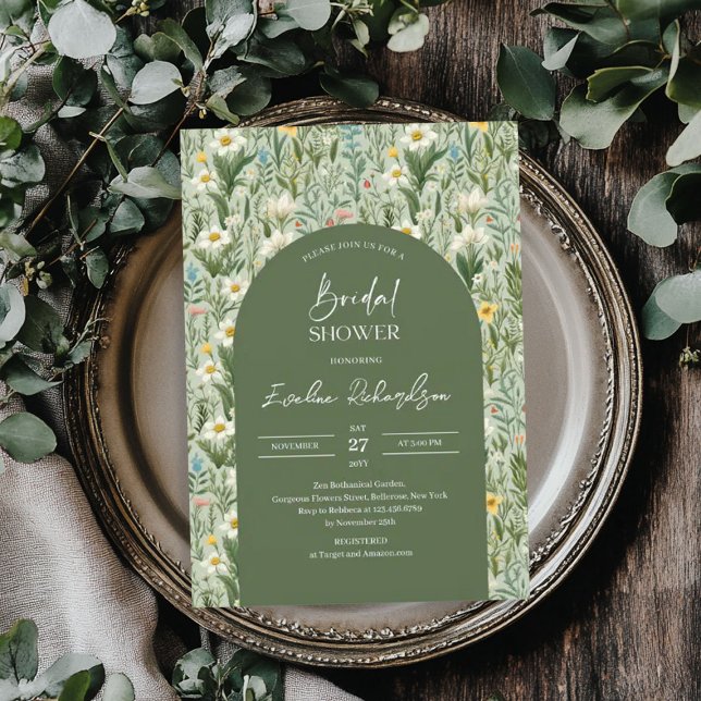 Boho arch watercolor dusty green spring wildflower invitation (Boho arch watercolor dusty green spring wildflower invitation)