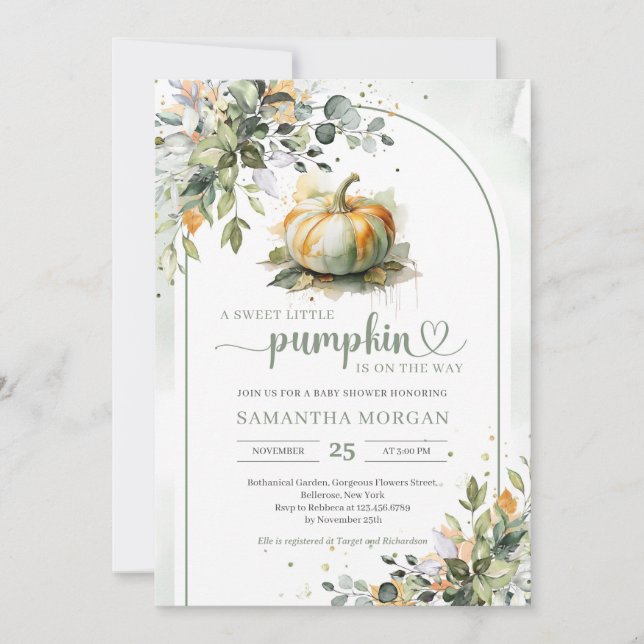 Boho arch watercolor green pumpkin eucalyptus gold invitation (Front)