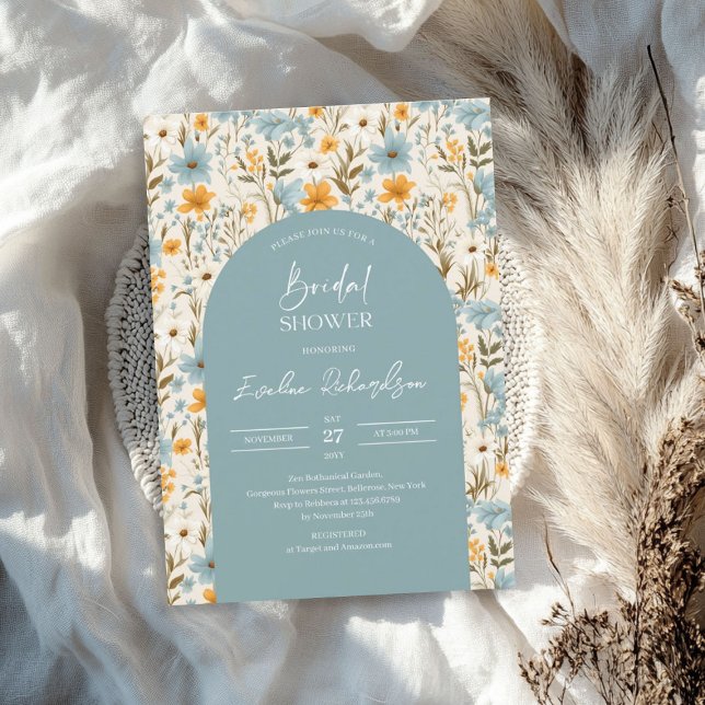 Boho arch watercolor light blue yellow wildflowers invitation (Boho arch watercolor light blue yellow wildflowers invitation)