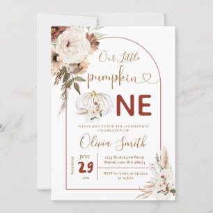 Boho Arch White Pumpkin 1st Birthday Pampas Grass Invitation