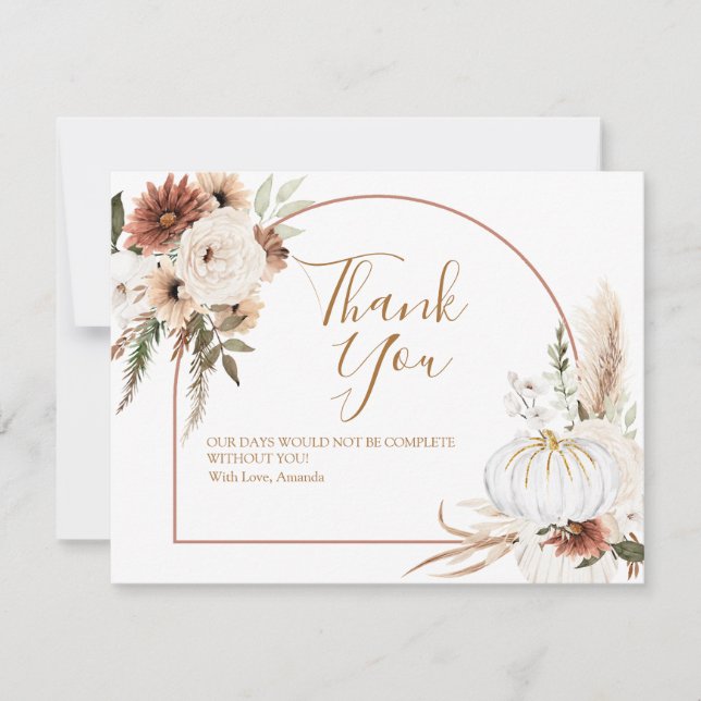 Boho Arch White Pumpkin Floral Baby Shower Thank You Card (Front)