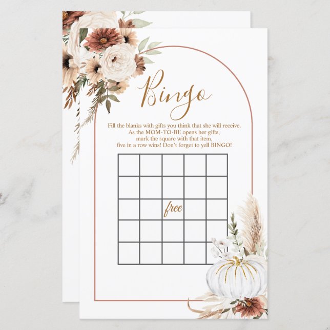 Boho Arch White Pumpkin Floral Bingo Games (Front/Back)
