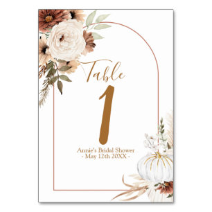 Boho Arch White Pumpkin Floral Modern Table Number