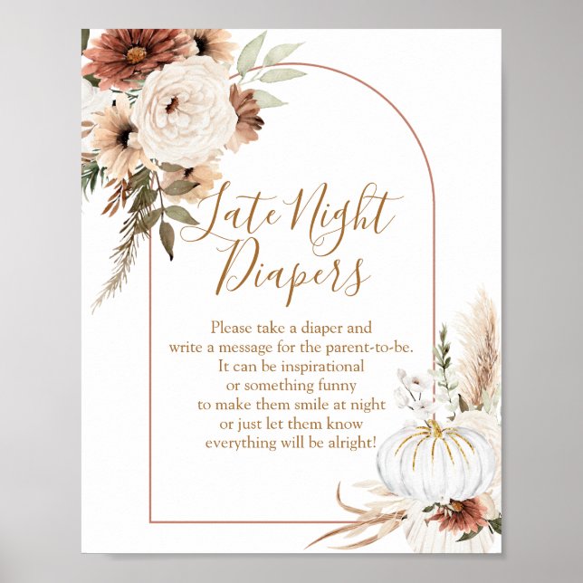 Boho Arch White Pumpkin Floral Night Diapers  Poster (Front)