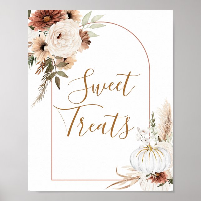Boho Arch White Pumpkin Floral Sweet Treats sign (Front)