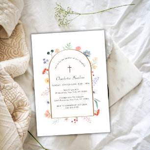 Boho Arch Wildflower Floral Frame Cross Baptism Invitation