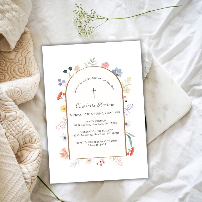 Boho Arch Wildflower Floral Frame Cross Baptism Invitation (Boho Arch Wildflower Floral Frame Cross Baptism Invitation)