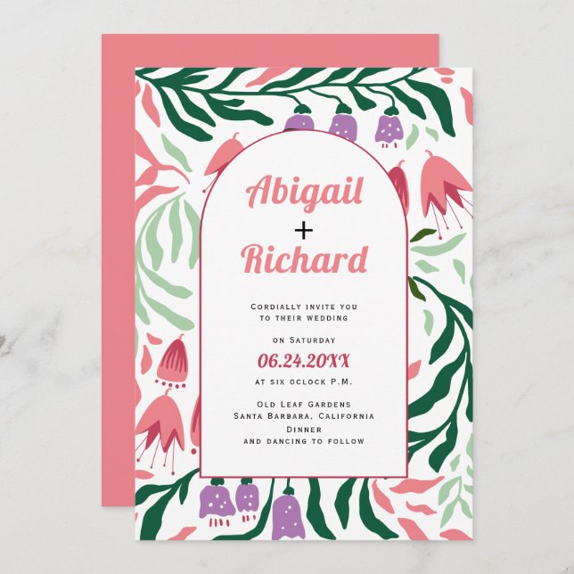 Boho arch with retro branches and flowers wedding invitation (Front/Back)