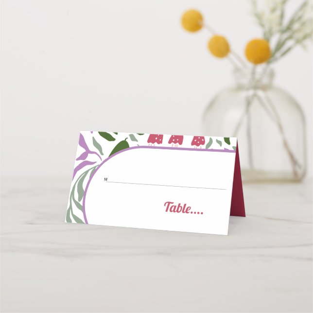 Boho arch with retro folklore flowers wedding place card (Front)