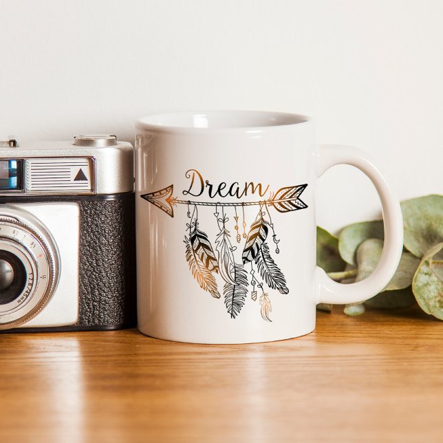 Boho Arrow and Feather Dream Coffee Mug (Hand drawn sketchy arrow with feathers dangling featuring the word dream. )