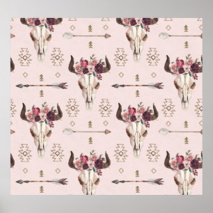 Boho arrows and skull, watercolor pattern. poster